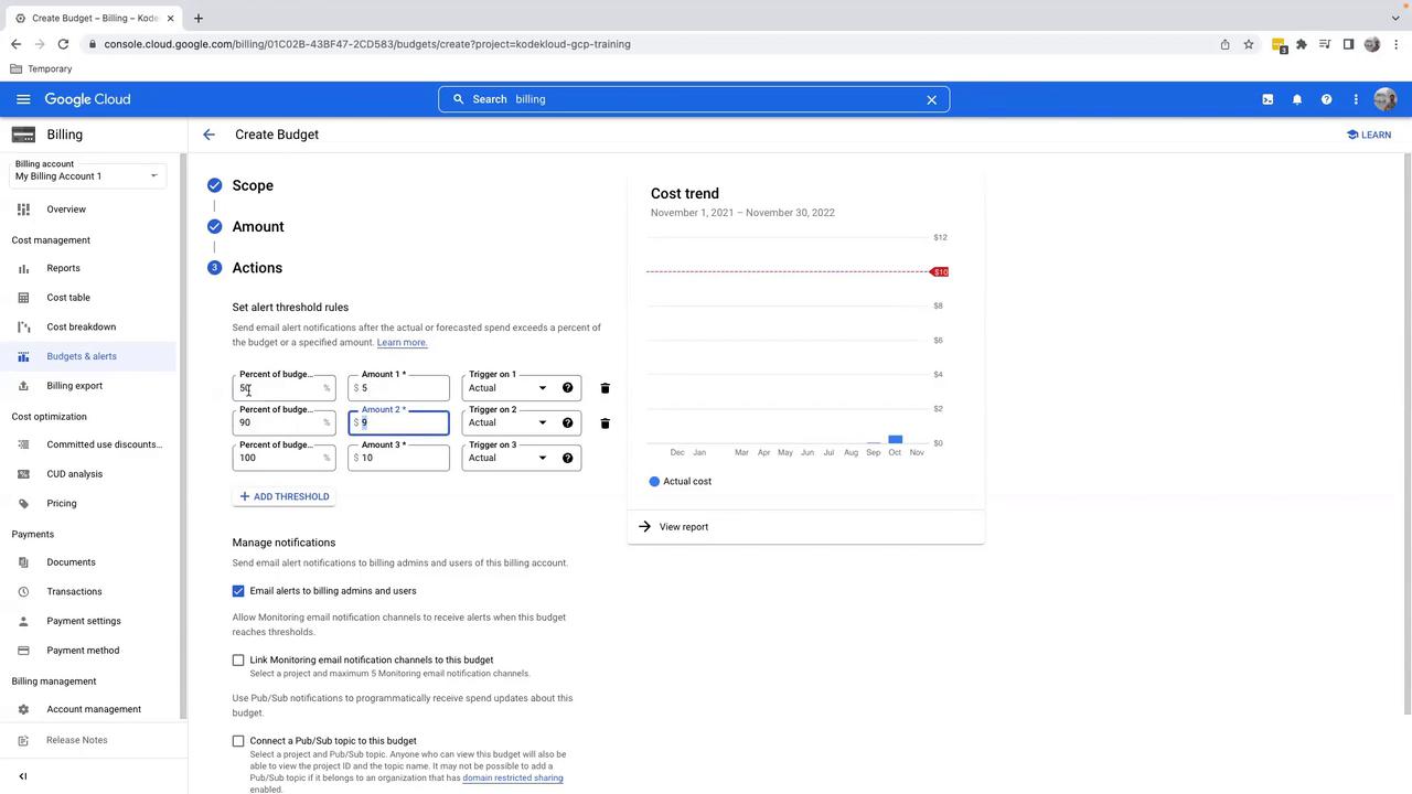 The image shows a Google Cloud billing interface where a user is setting budget alert thresholds. It includes options for setting percentage thresholds and amounts, with a cost trend graph displayed on the right.