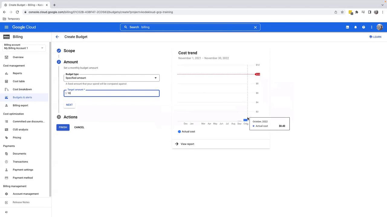 The image shows a Google Cloud billing interface where a user is setting a monthly budget of $10. A cost trend graph displays actual costs, with a tooltip indicating an actual cost of $0.43 for October 2022.