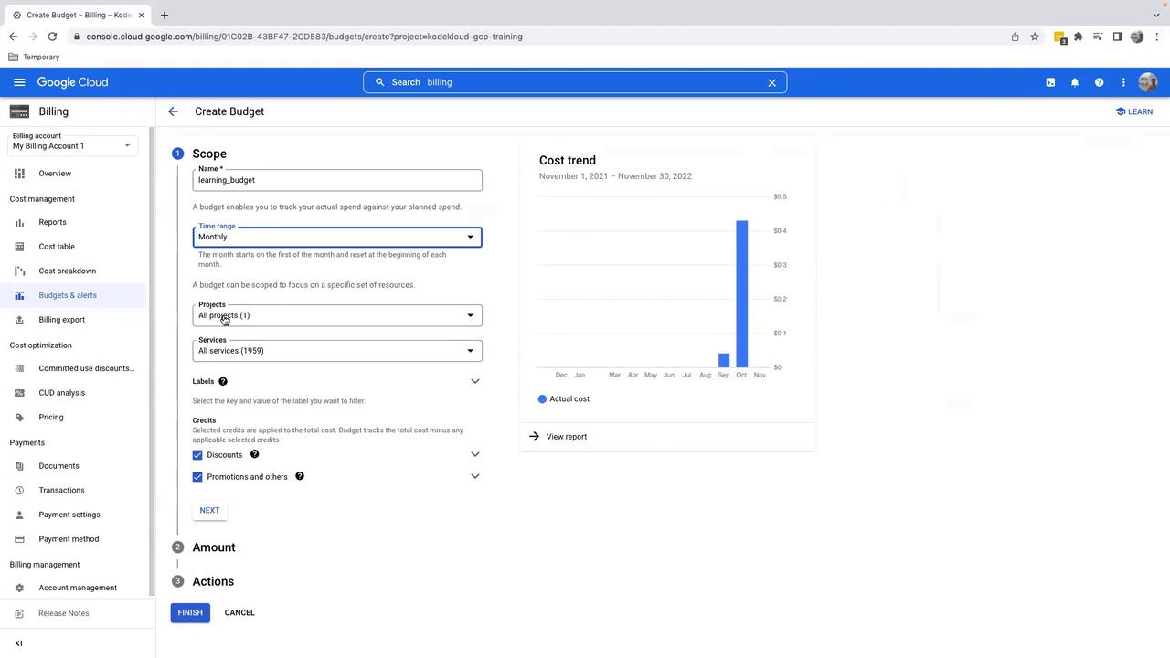 The image shows a Google Cloud billing interface where a budget is being created. It includes options for setting the budget scope, time range, projects, and services, along with a cost trend graph.
