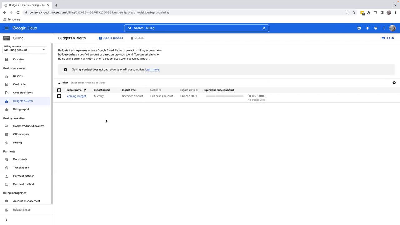 The image shows a Google Cloud Billing dashboard with a budget named "learning_budget" set to a specified amount of $10.00, with no credits used.