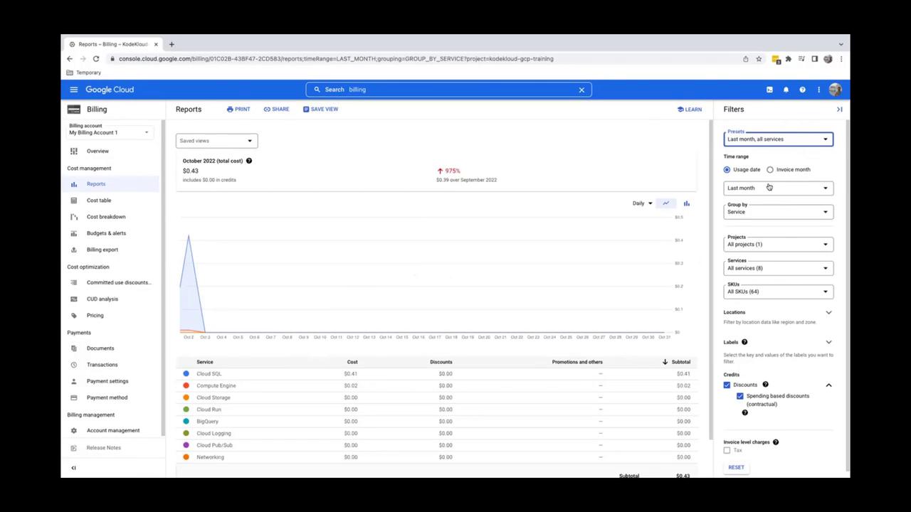 The image shows a Google Cloud billing report interface, displaying cost details for various services in October 2022, with a graph and filters on the right side.