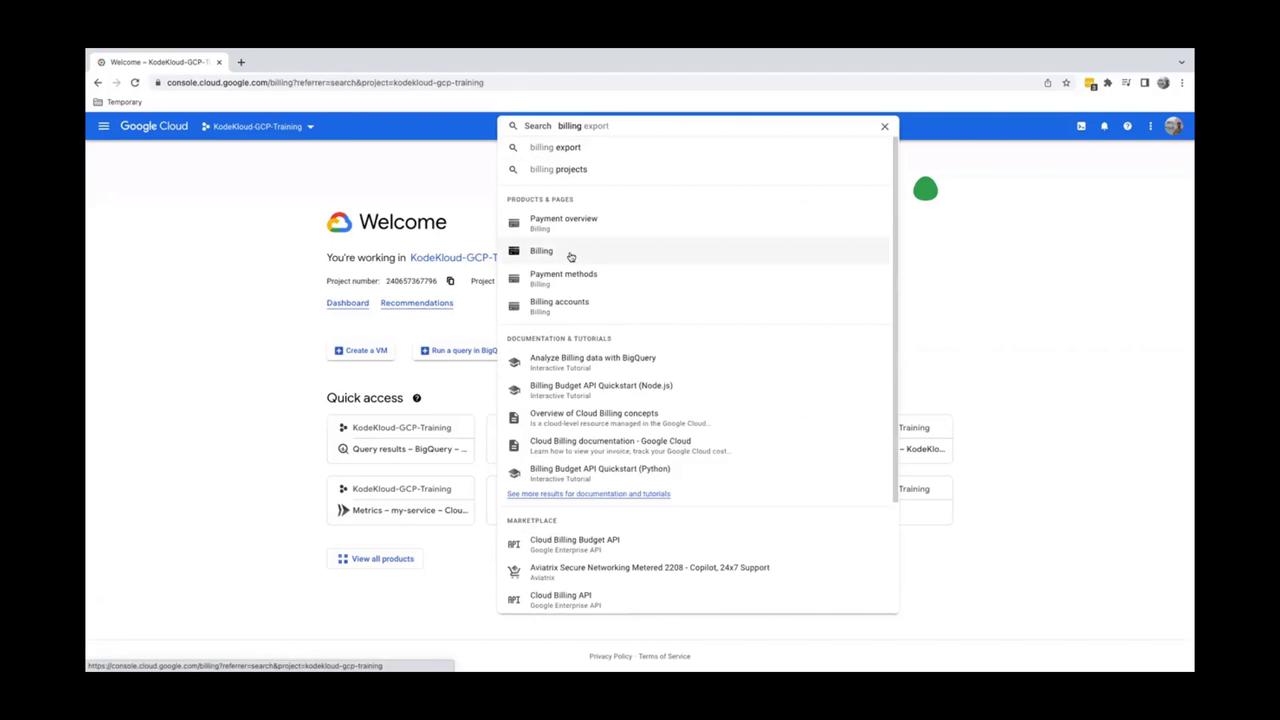 The image shows a Google Cloud Platform console with a search bar open, displaying search results related to billing. The console includes options for project management and quick access links.