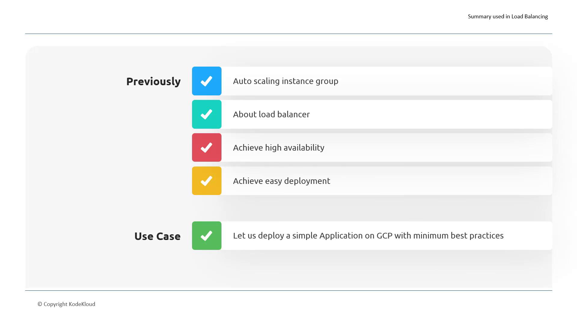 The image is a summary of load balancing concepts, including auto-scaling instance groups, load balancers, high availability, and easy deployment, with a use case for deploying an application on GCP.