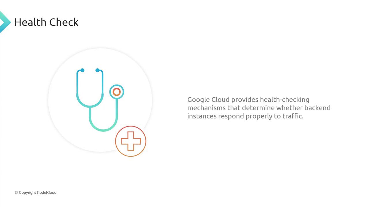 The image features a stethoscope and a medical cross icon, with text explaining that Google Cloud provides health-checking mechanisms for backend instances.