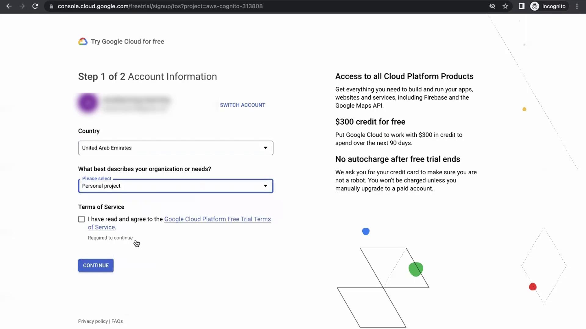 The image shows a Google Cloud sign-up page for a free trial, asking for account information such as country and project type, with details about a $300 credit offer.