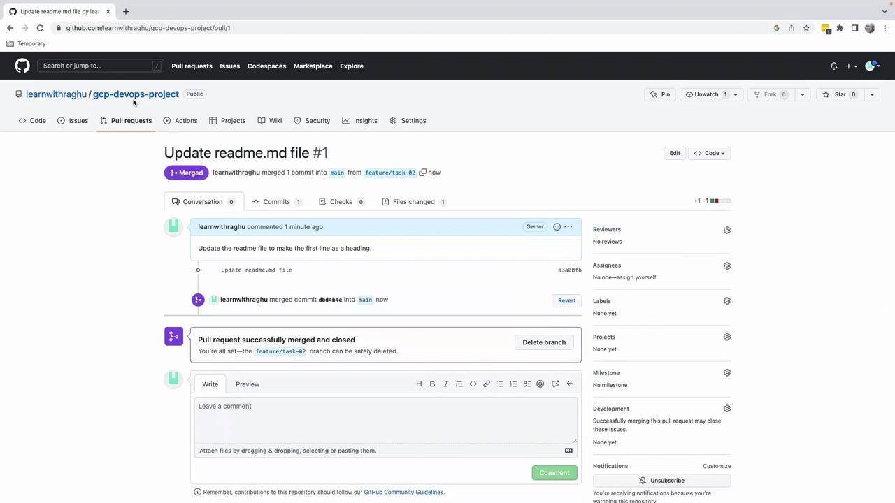 The image shows a GitHub pull request page for a project named "gcp-devops-project," where a pull request titled "Update readme.md file #1" has been successfully merged and closed.