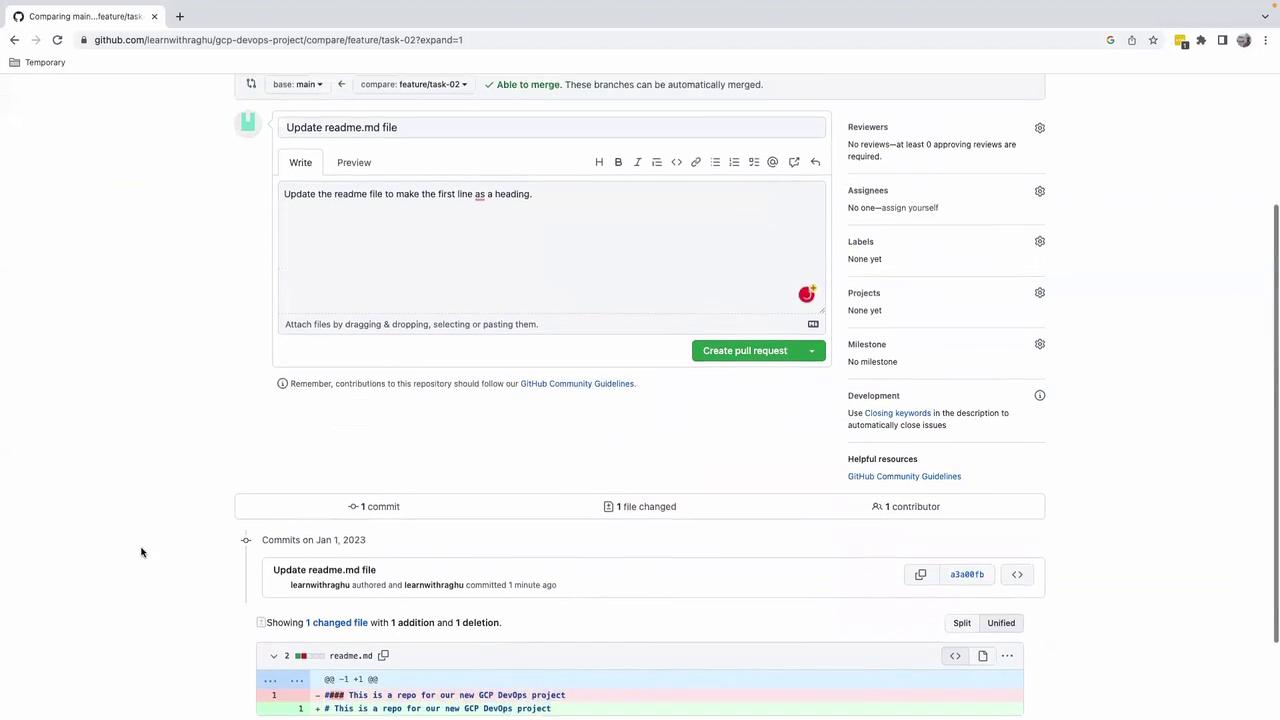 The image shows a GitHub interface where a user is preparing to create a pull request to update a README.md file. The changes include making the first line a heading, with one addition and one deletion highlighted.