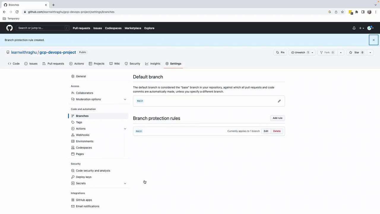 The image shows a GitHub repository settings page, specifically the "Branches" section, where the default branch is set to "main" and branch protection rules are being managed.