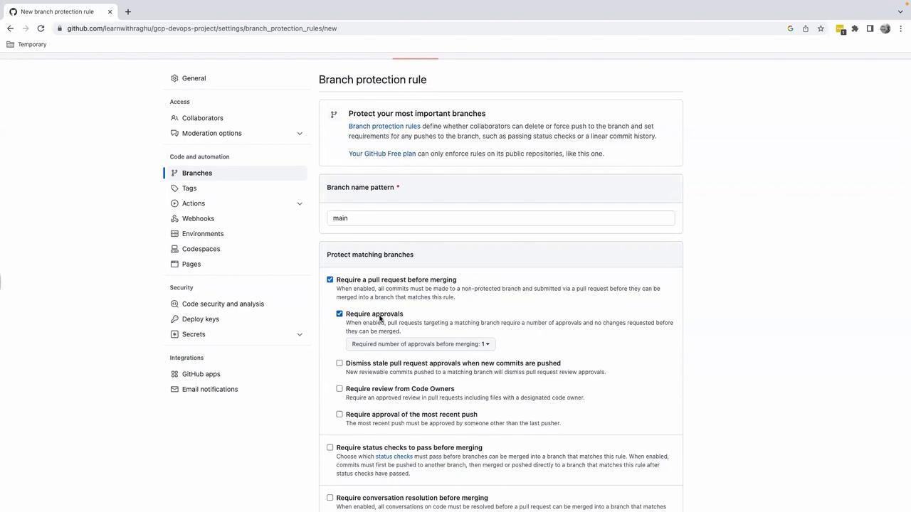 The image shows a GitHub settings page for creating a new branch protection rule, with options to require pull requests and approvals before merging into the main branch.