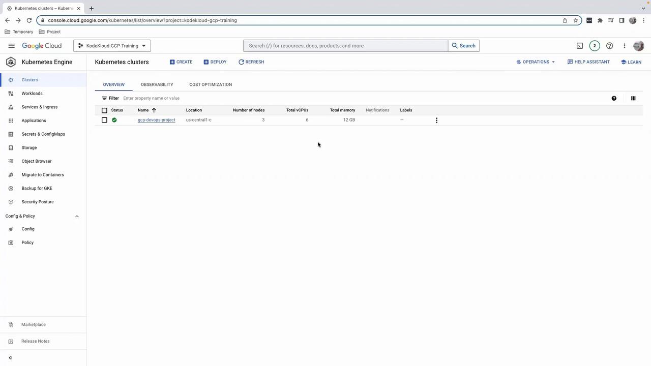 The image shows a Google Cloud Platform interface displaying a Kubernetes Engine dashboard with details of a cluster named "gcp-devops-project" located in "us-central1-c" with 3 nodes, 6 vCPUs, and 12 GB of total memory.