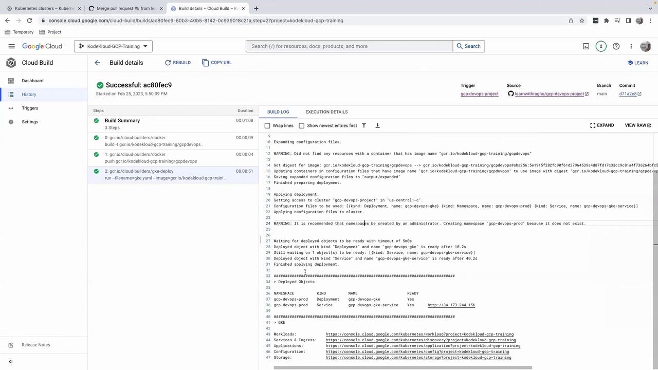 The image shows a Google Cloud Build interface with a successful build summary, detailing steps and logs for a project deployment. The build includes Docker and GKE deployment steps.