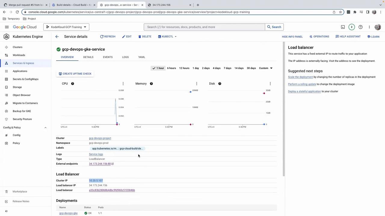 The image shows a Google Cloud Platform Kubernetes Engine service details page, displaying metrics for CPU, memory, and disk usage, along with load balancer information and suggested next steps.