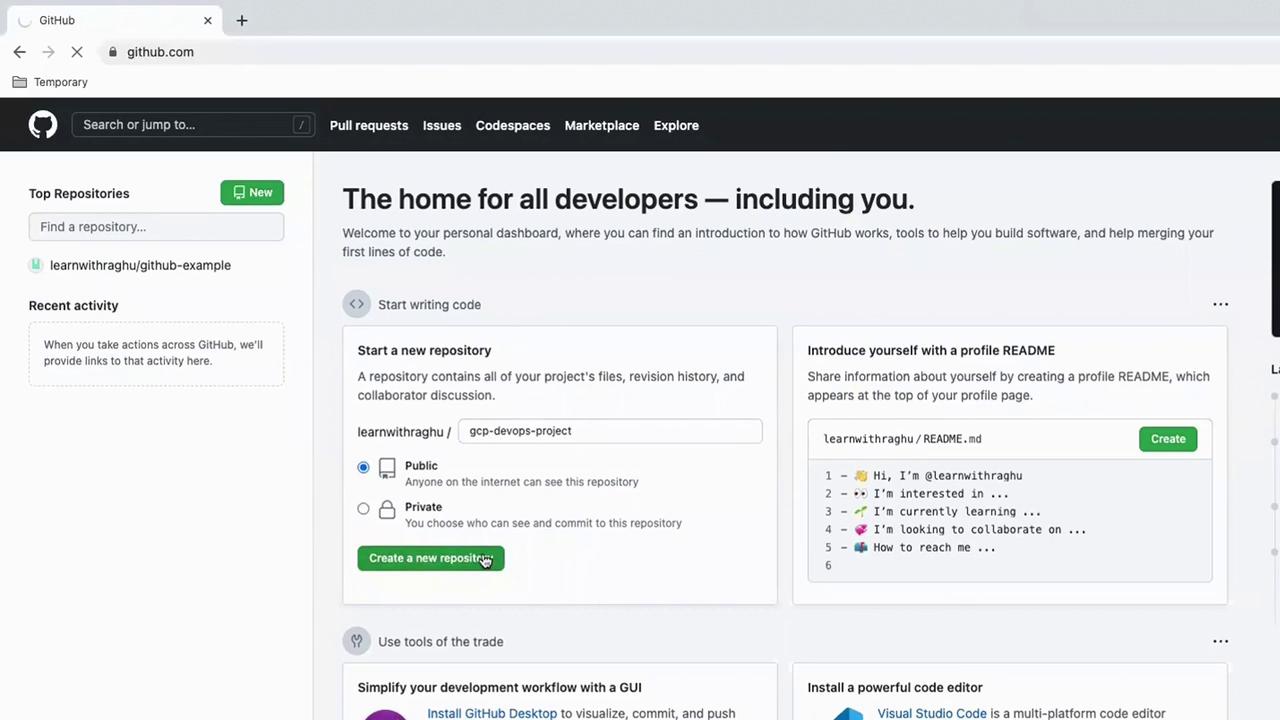 The image shows a GitHub dashboard with options to start a new repository and create a profile README. It includes sections for recent activity and tools for developers.
