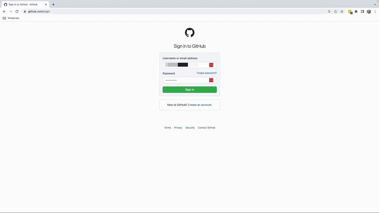 The image shows the GitHub login page in a web browser, with fields for entering a username or email and password. There are options to sign in, create an account, or recover a forgotten password.