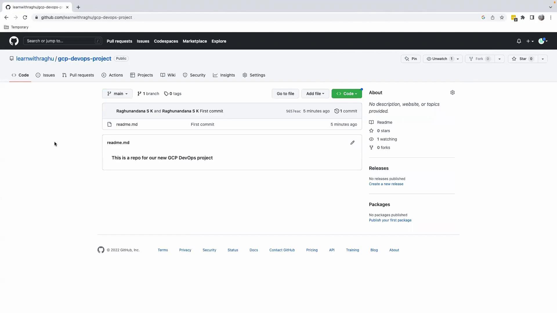 The image shows a GitHub repository page titled "gcp-devops-project" with a README file indicating it's for a new GCP DevOps project.