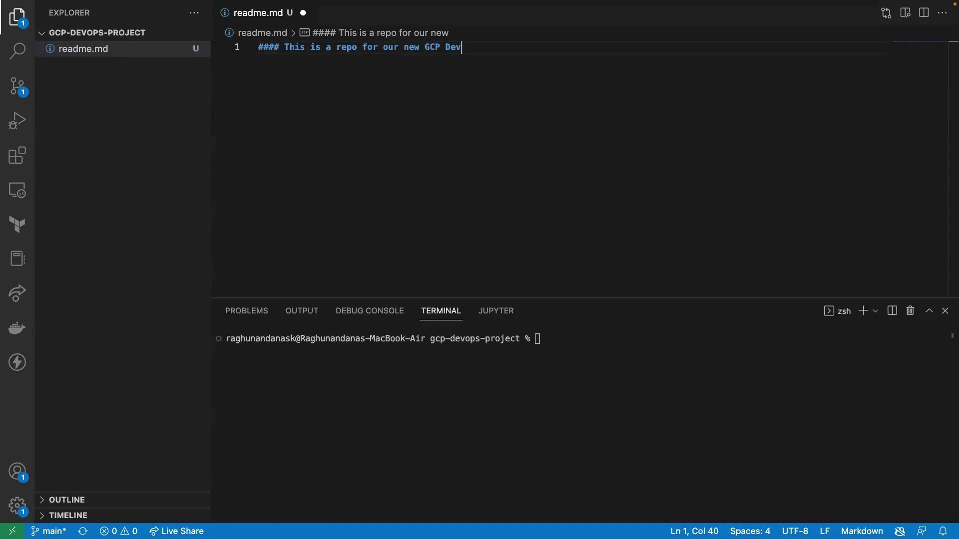 The image shows a Visual Studio Code interface with a markdown file open, containing a heading for a GCP DevOps project. The terminal at the bottom displays a command prompt.