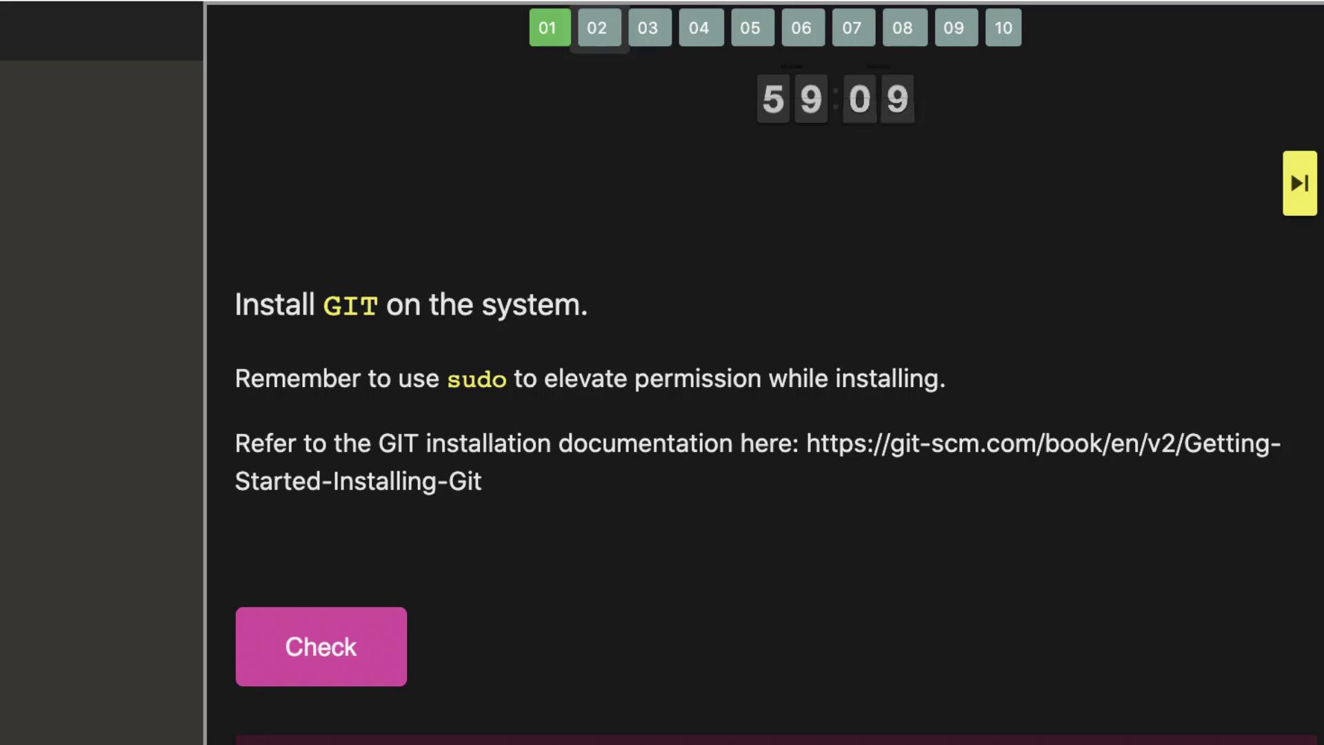 The image instructs to install GIT using `sudo`, with a link to installation documentation and a "Check" button.