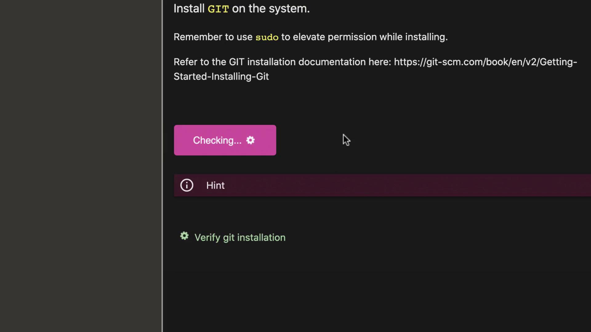 The image shows instructions for installing Git, including using `sudo` for permissions, with a link to documentation and a "Checking..." status.