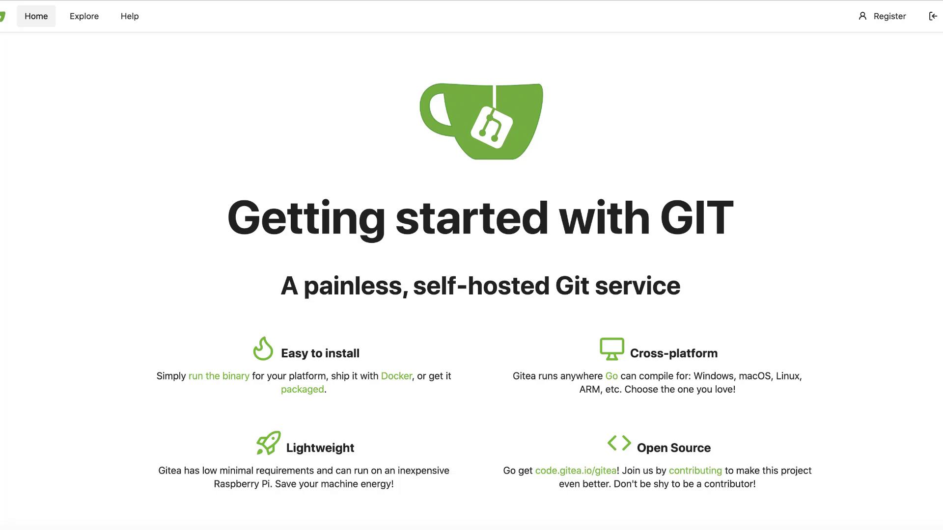 The image is a webpage promoting Gitea, a self-hosted Git service, highlighting its easy installation, cross-platform compatibility, lightweight nature, and open-source availability.