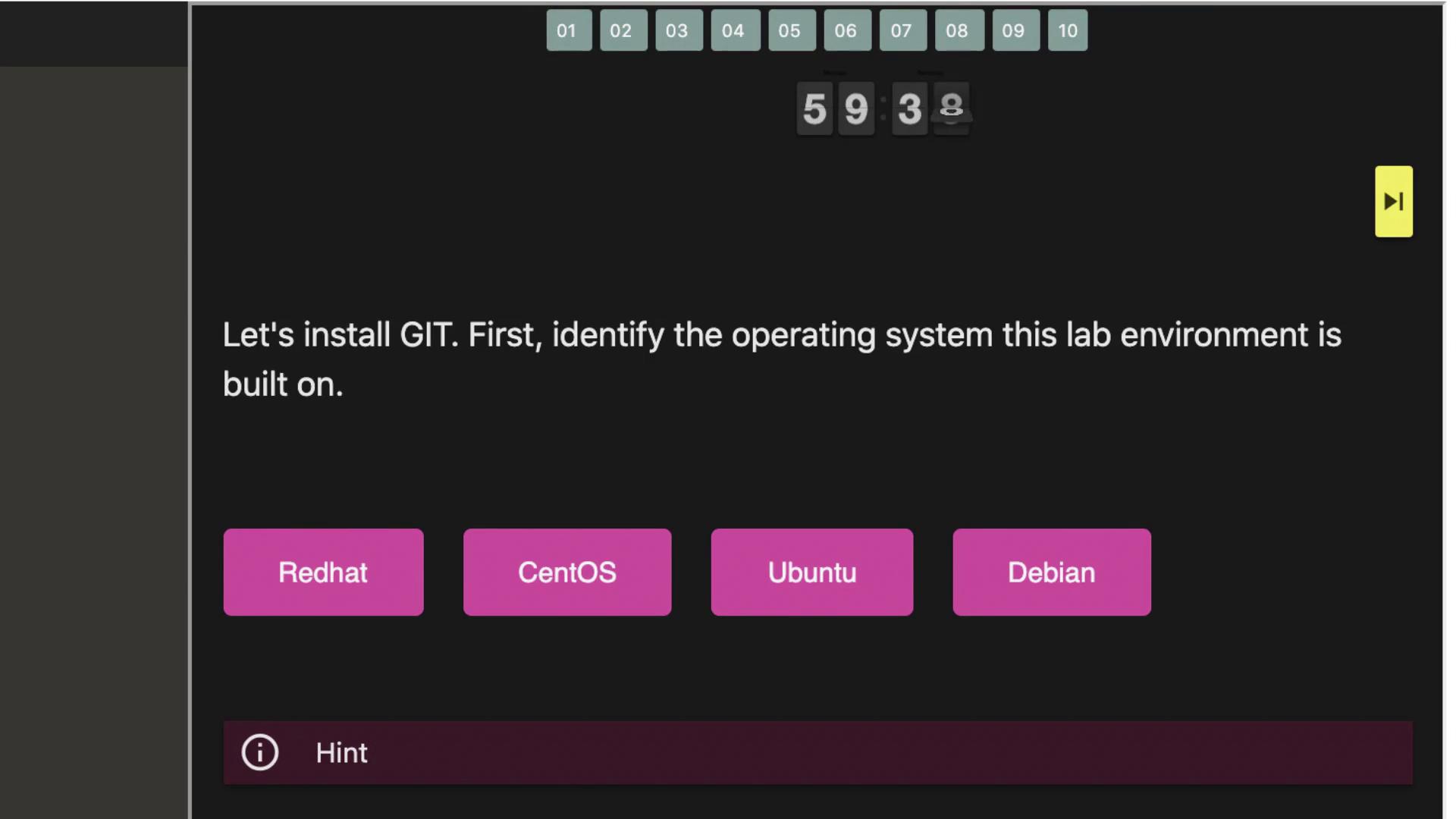 The image shows a prompt asking to identify the operating system for installing GIT, with options: Redhat, CentOS, Ubuntu, and Debian.