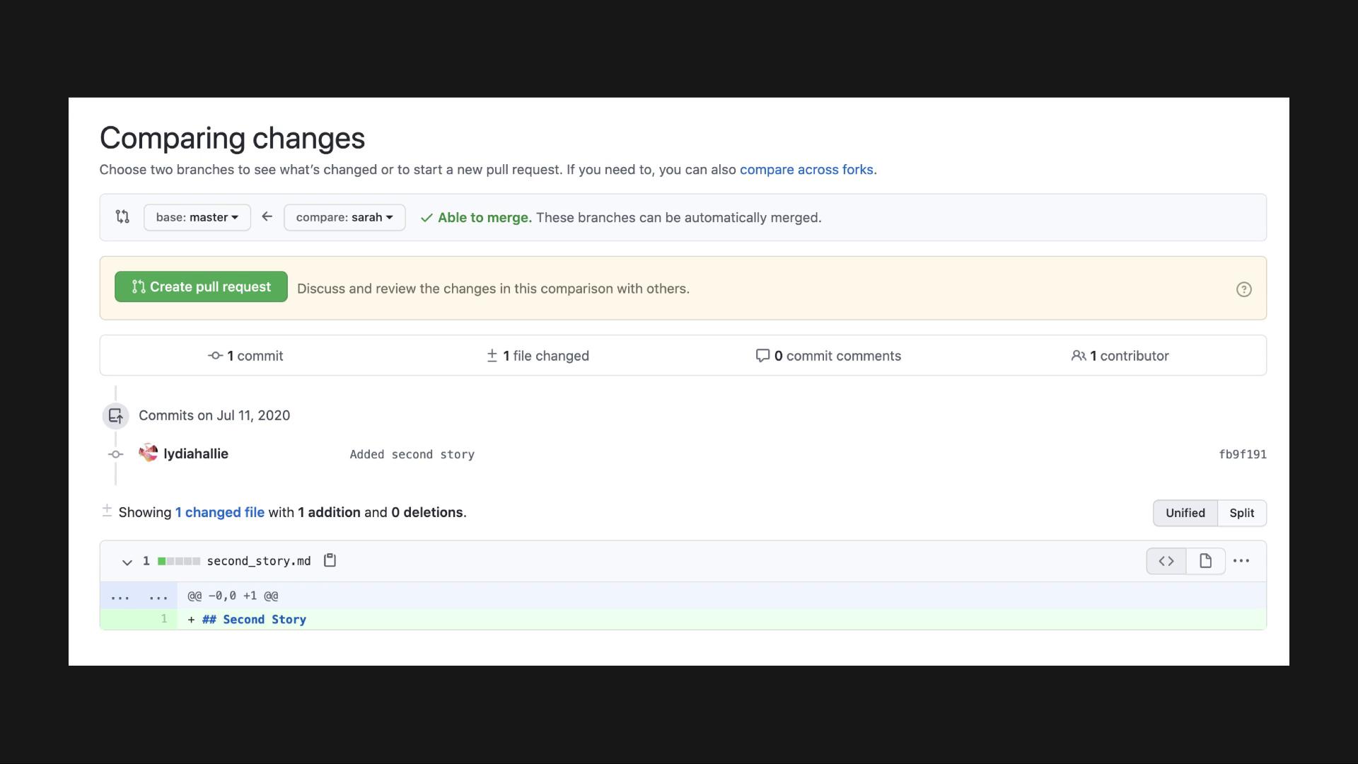 The image shows a GitHub interface comparing changes between branches, with one commit adding a file titled "second_story.md."