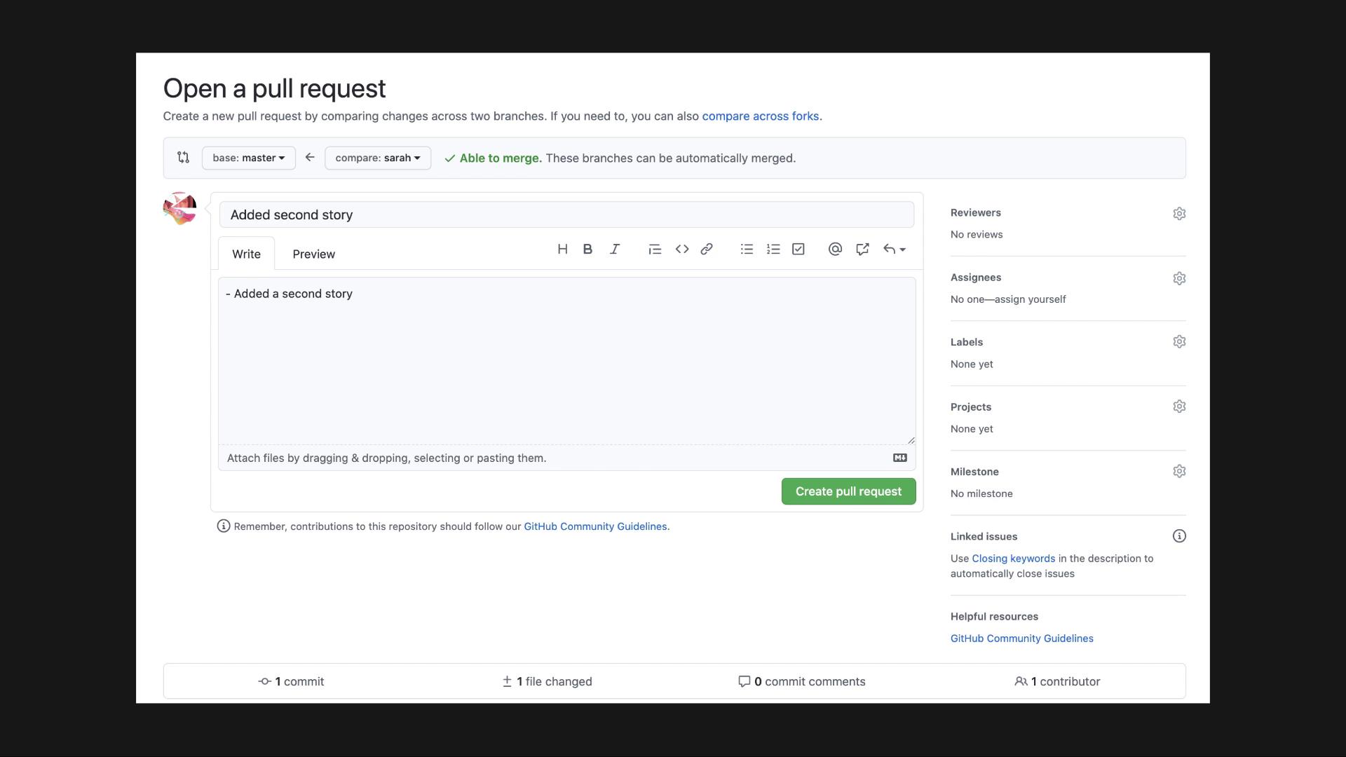 The image shows a GitHub interface for creating a pull request, with a description "Added second story" and options for reviewers, assignees, and labels.