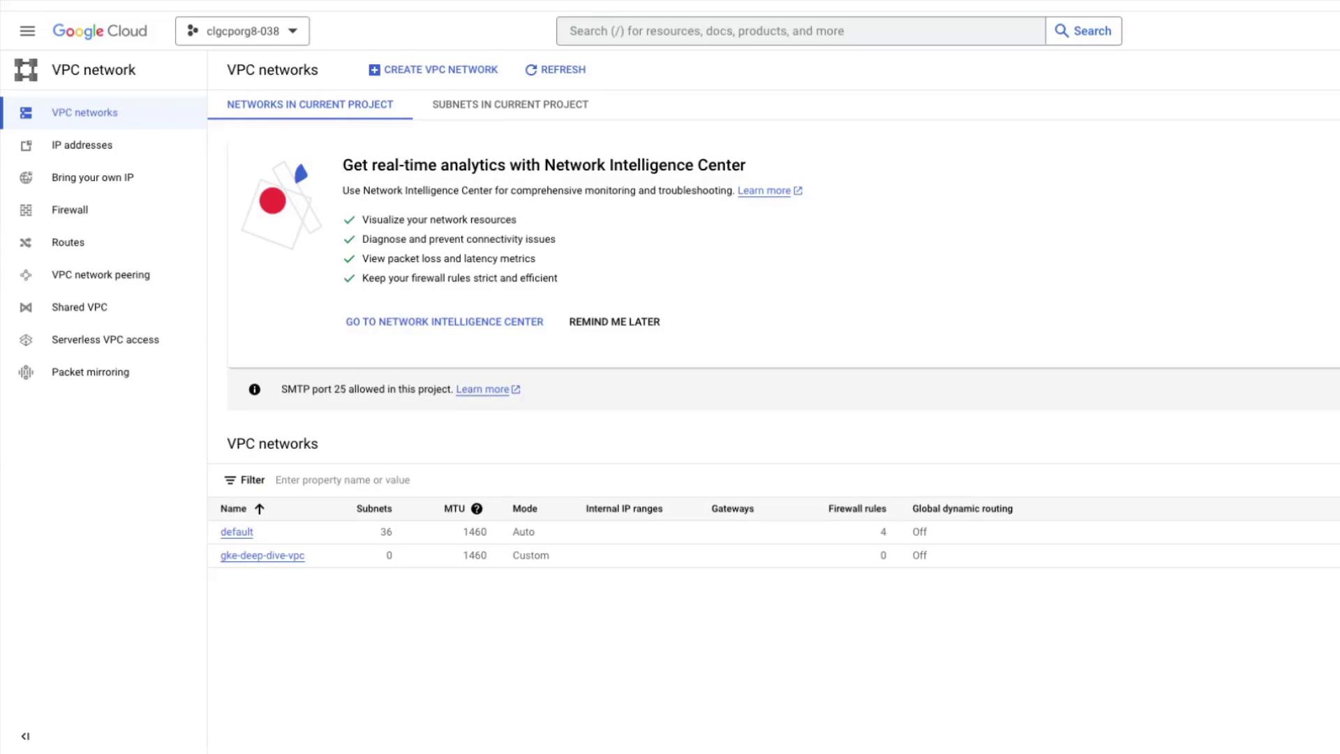 The image shows a Google Cloud Platform interface for managing VPC networks, displaying options for network analytics and a list of existing VPC networks with details like subnets and firewall rules.
