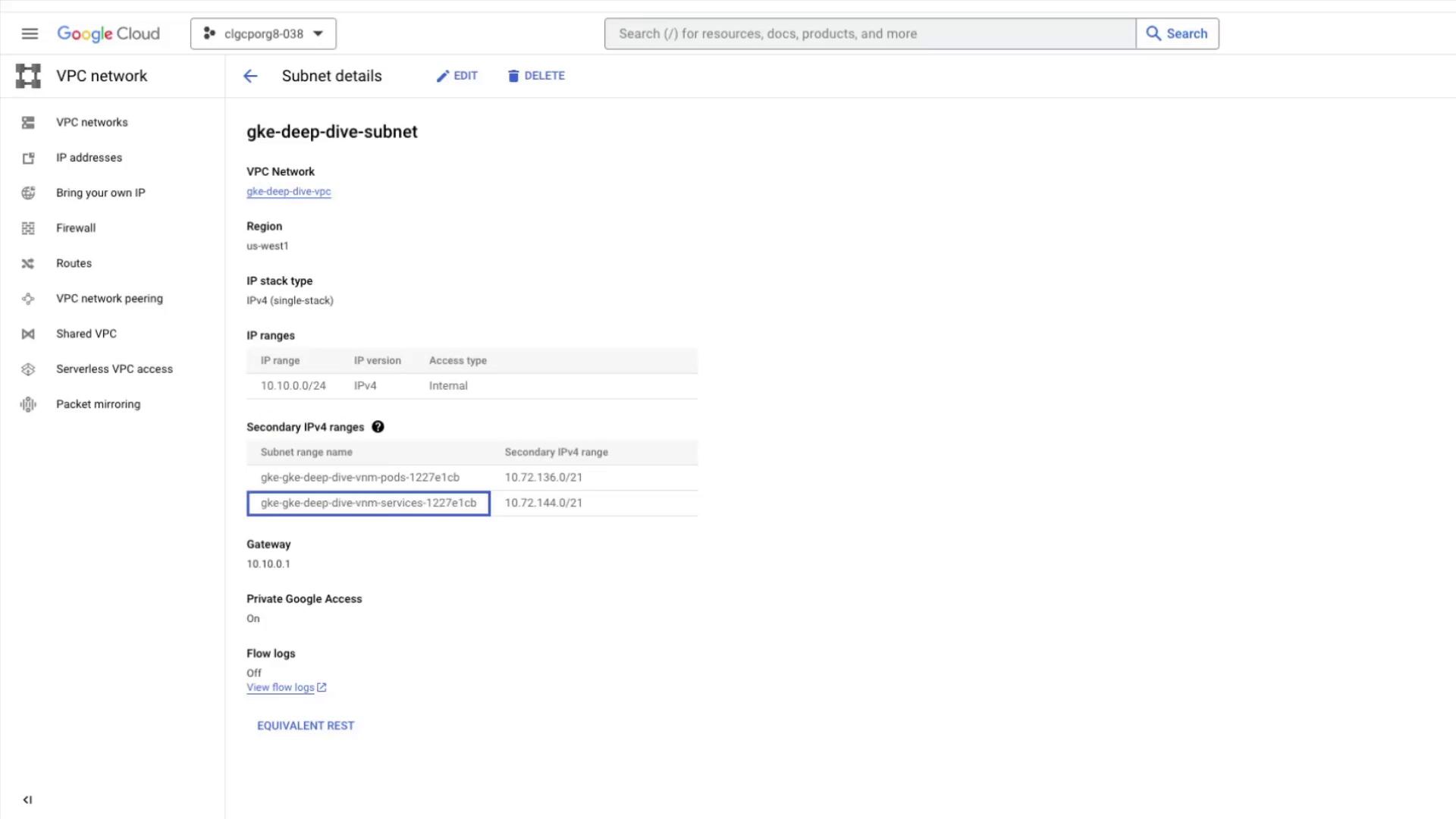 The image shows a Google Cloud Platform interface displaying details of a VPC subnet named "gke-deep-dive-subnet," including its IP ranges, region, and other network settings.