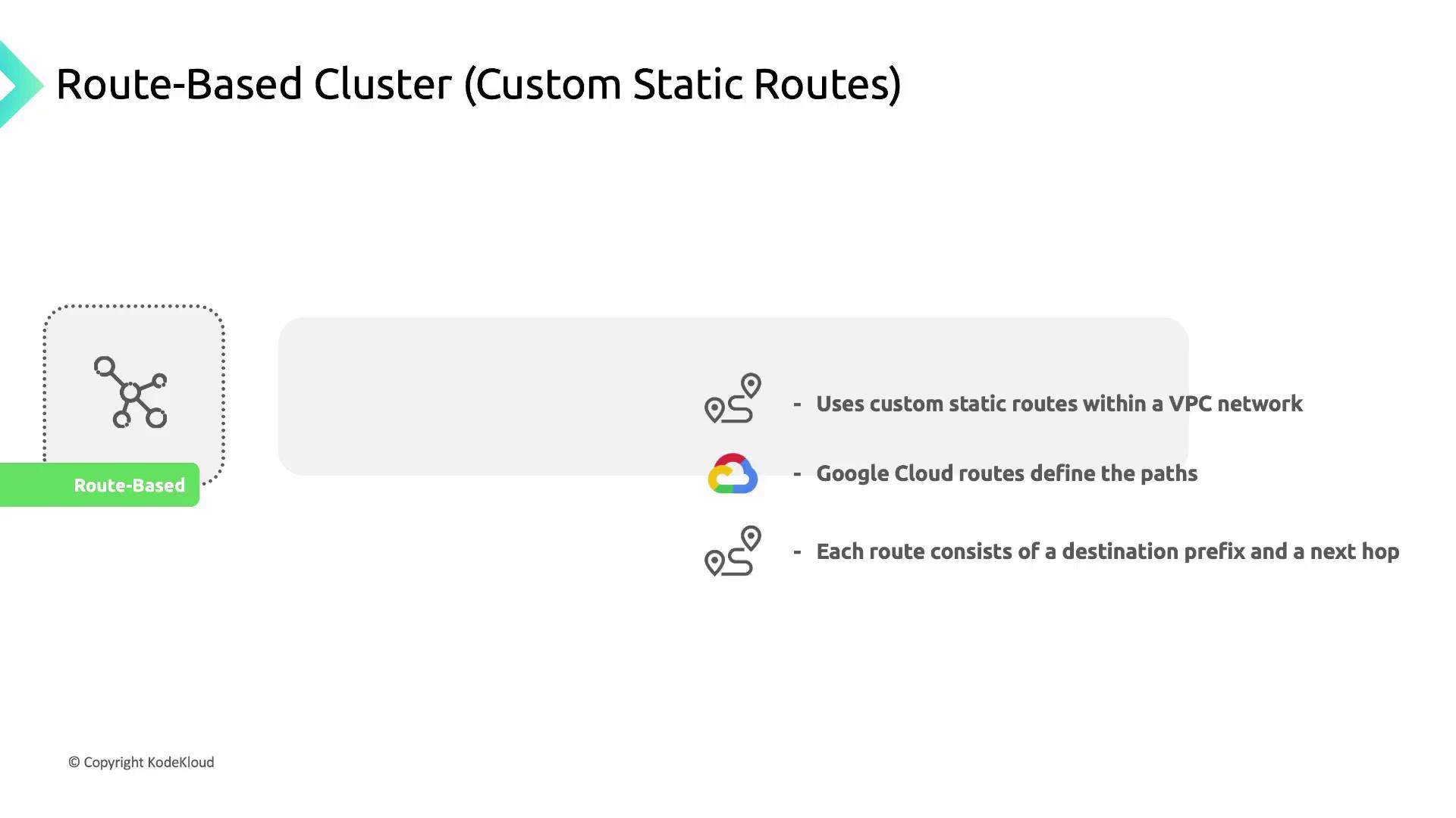 The image is a diagram titled "Route-Based Cluster (Custom Static Routes)" explaining the use of custom static routes within a VPC network, with Google Cloud routes defining paths and each route consisting of a destination prefix and a next hop.