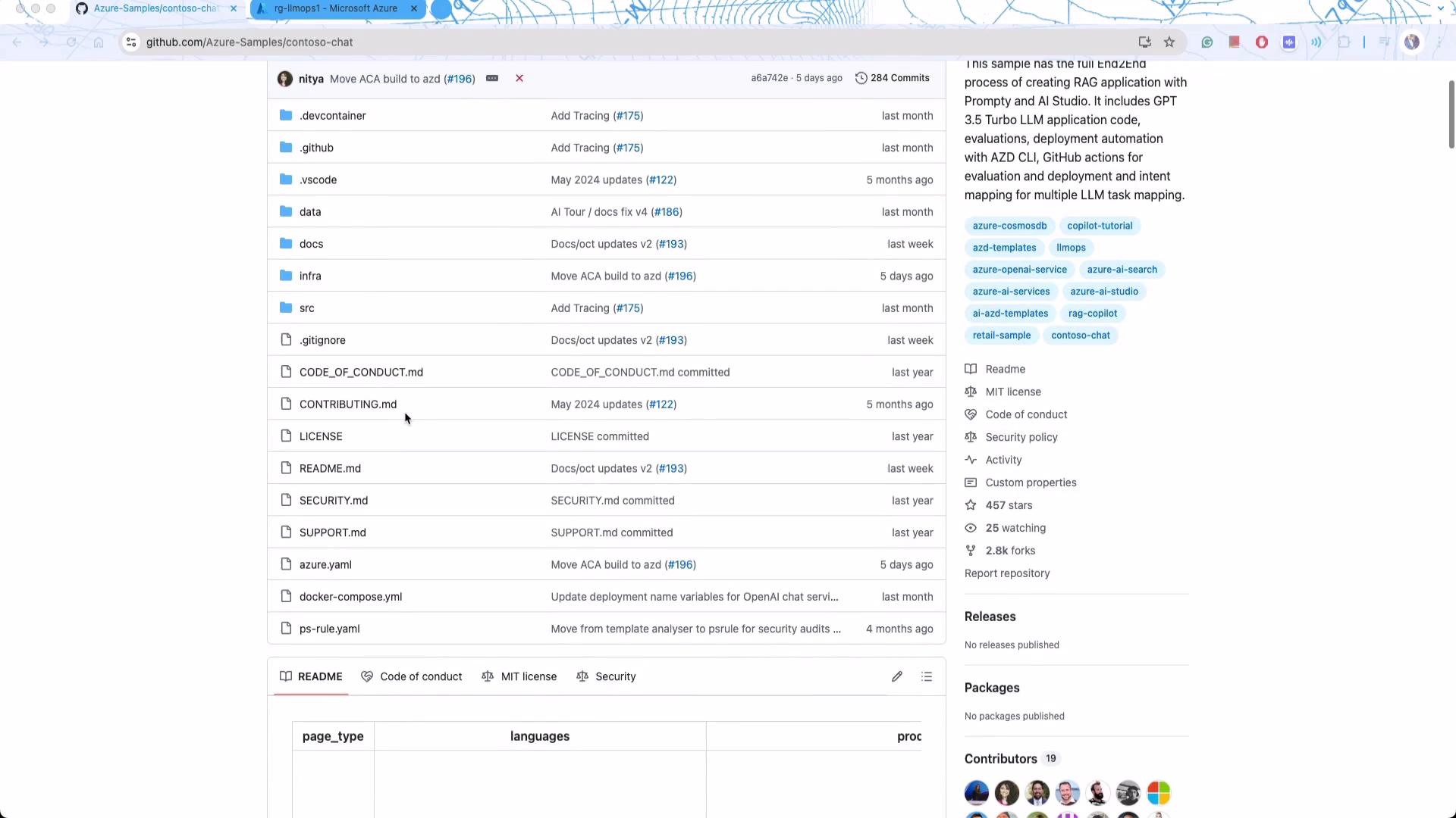 The image shows a GitHub repository page with a list of folders and files, along with details about commits and contributors. Tags and repository statistics are visible on the right side.