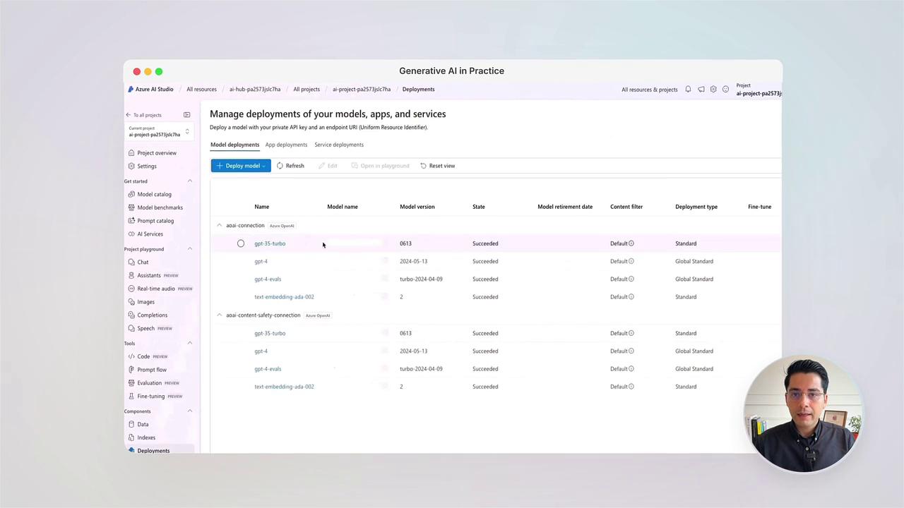 The image shows a screenshot of a software interface for managing AI model deployments, with a list of models and their details. In the bottom right corner, there is a small video call window with a person speaking.