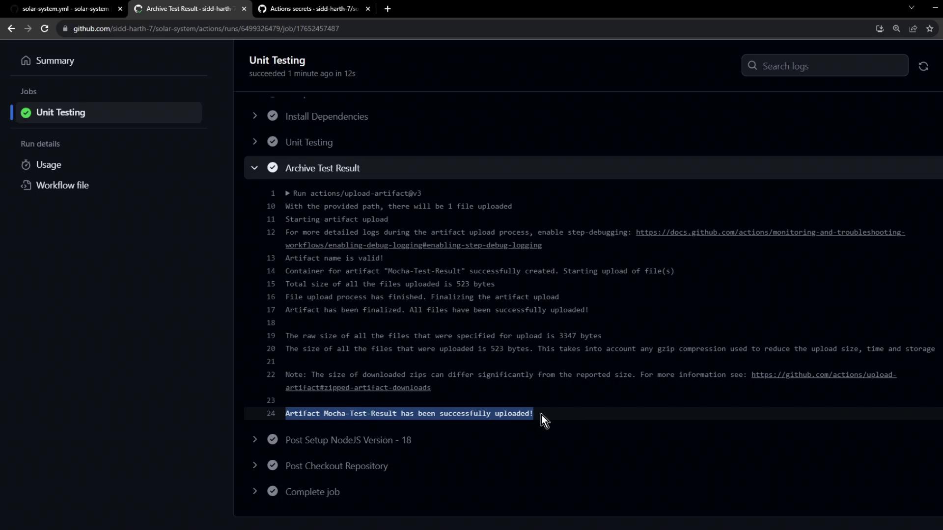 The image shows a GitHub Actions interface with a successful unit testing job, including details about the "Mocha-Test-Result" artifact being uploaded.