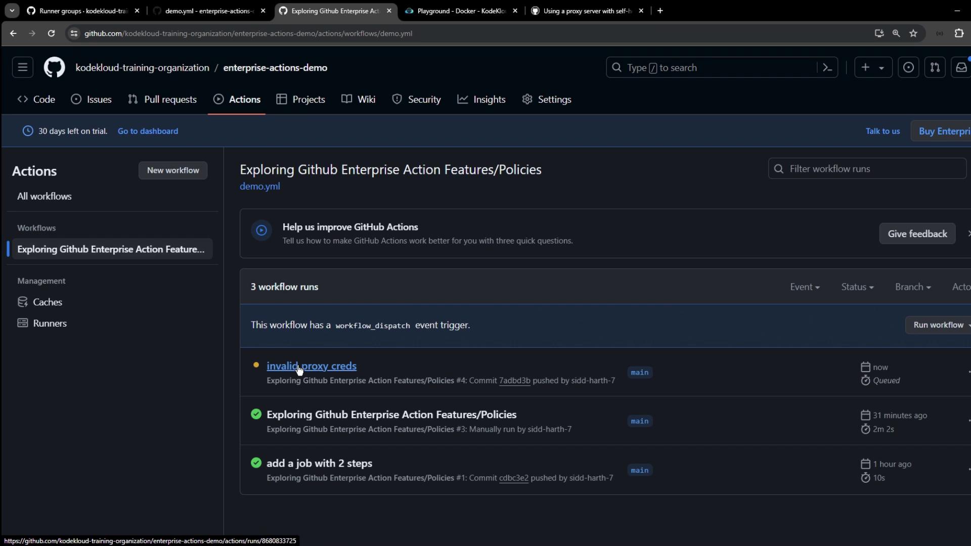 The image shows a GitHub Actions page for a repository named "enterprise-actions-demo" with a workflow titled "Exploring Github Enterprise Action Features/Policies." It displays a list of workflow runs with their statuses and details.