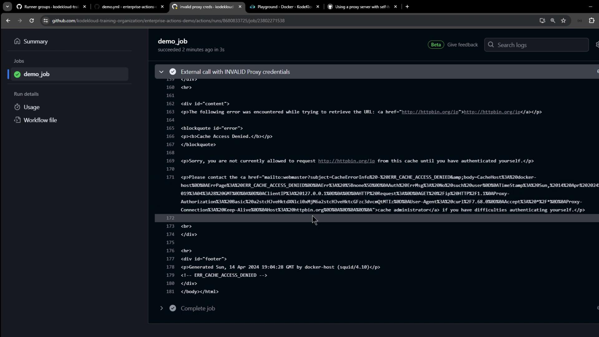 The image shows a GitHub Actions job log with an error message indicating an external call failed due to invalid proxy credentials.