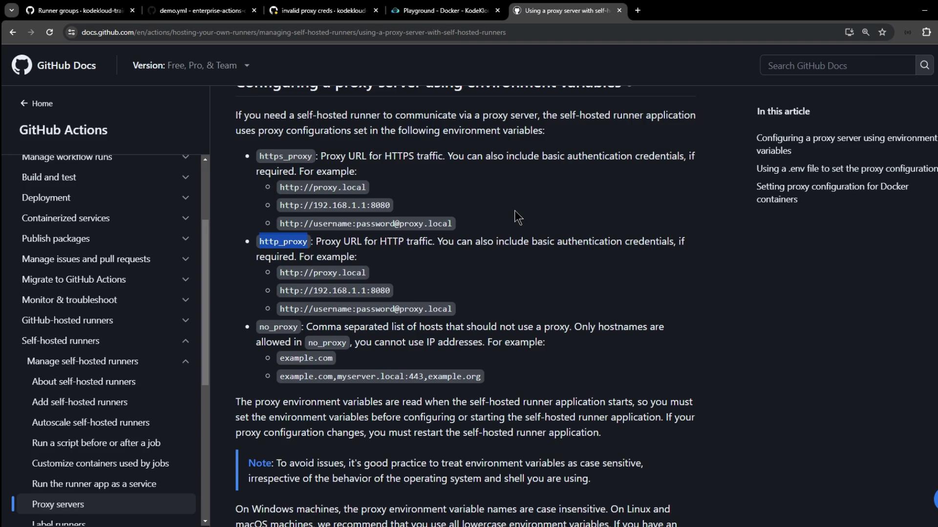 The image shows a GitHub documentation page about configuring a proxy server using environment variables for self-hosted runners. It includes examples of proxy URLs and a sidebar with navigation links related to GitHub Actions.