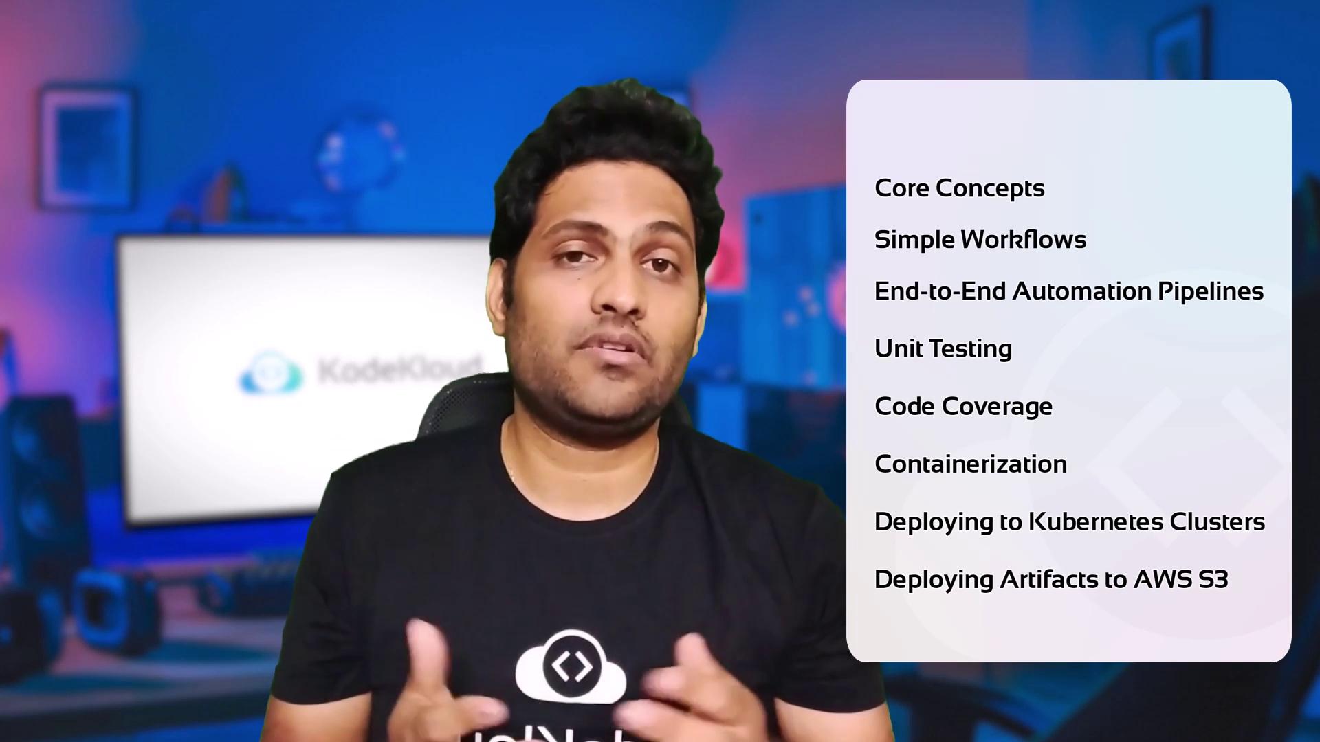 The image shows a person speaking in front of a screen displaying the KodeKloud logo, with a list of software development topics like "Core Concepts" and "Containerization" on the side.