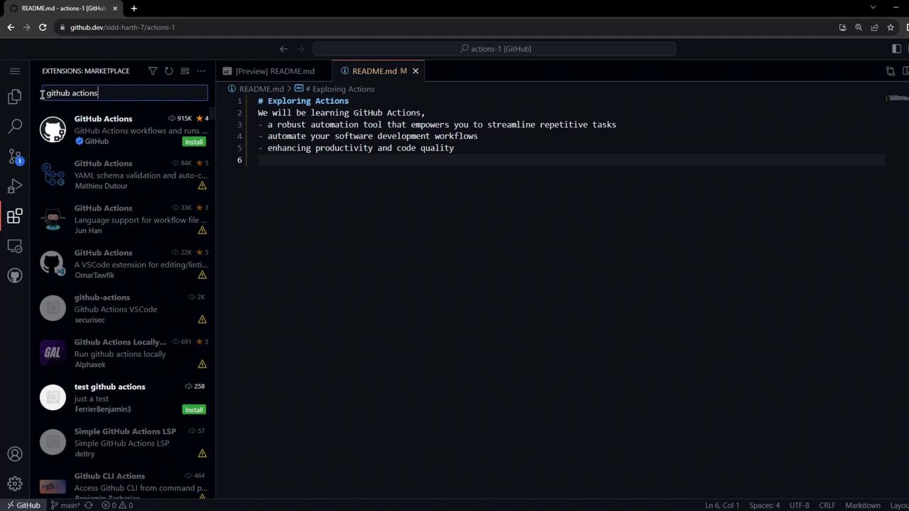 The image shows a code editor with a README.md file open, discussing GitHub Actions, alongside a sidebar displaying a list of GitHub Actions extensions.