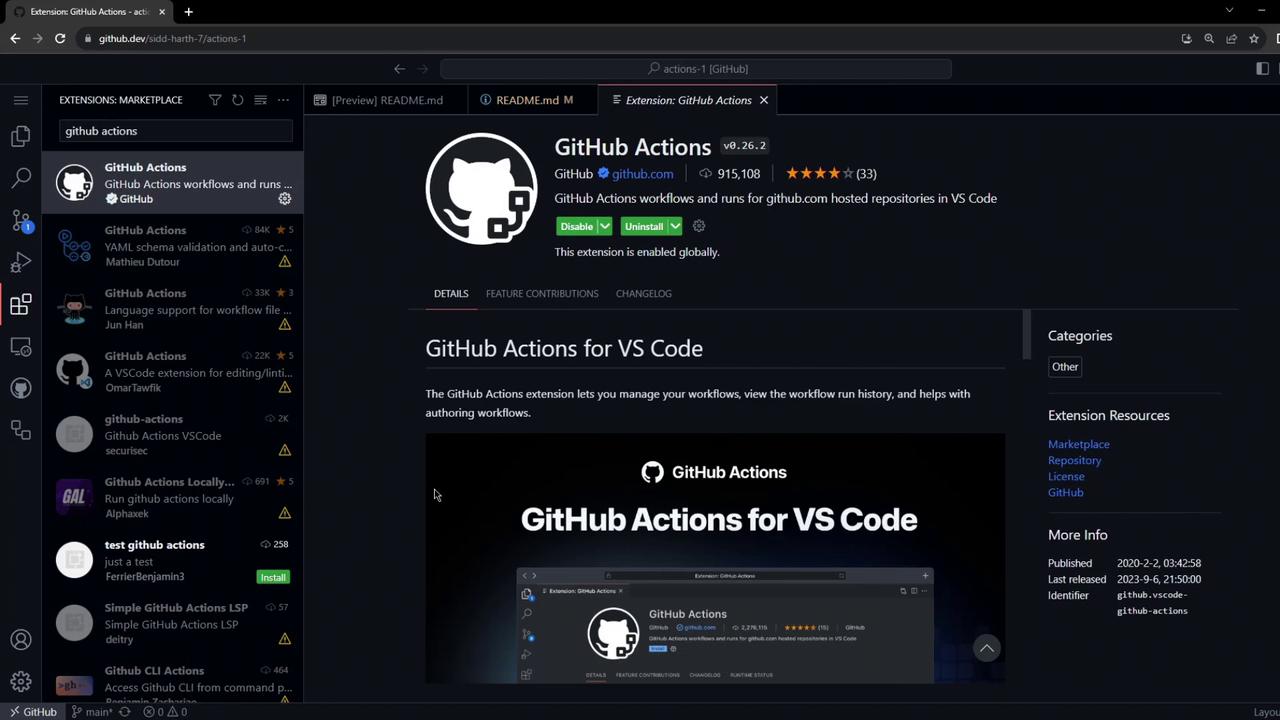 The image shows the GitHub Actions extension page in Visual Studio Code, detailing its features and options to disable or uninstall it.