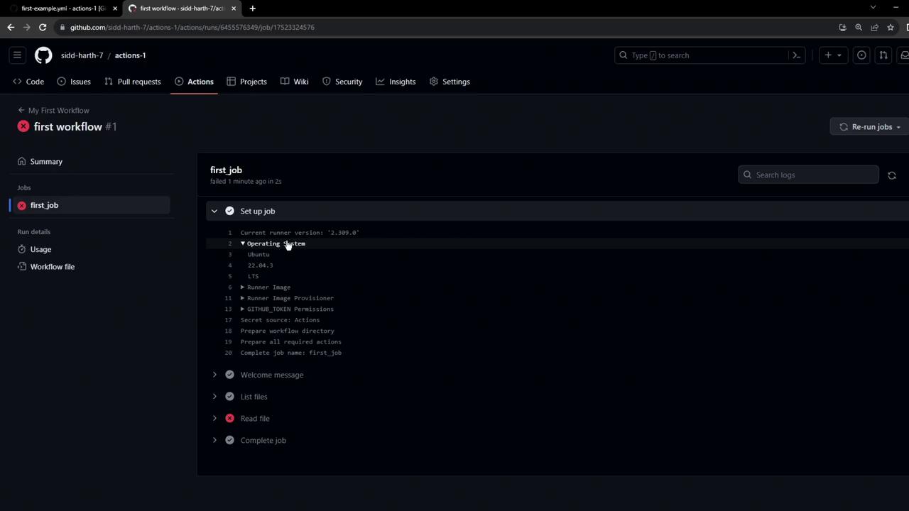 The image shows a GitHub Actions workflow interface with a failed job named "first_job," displaying setup details and logs.
