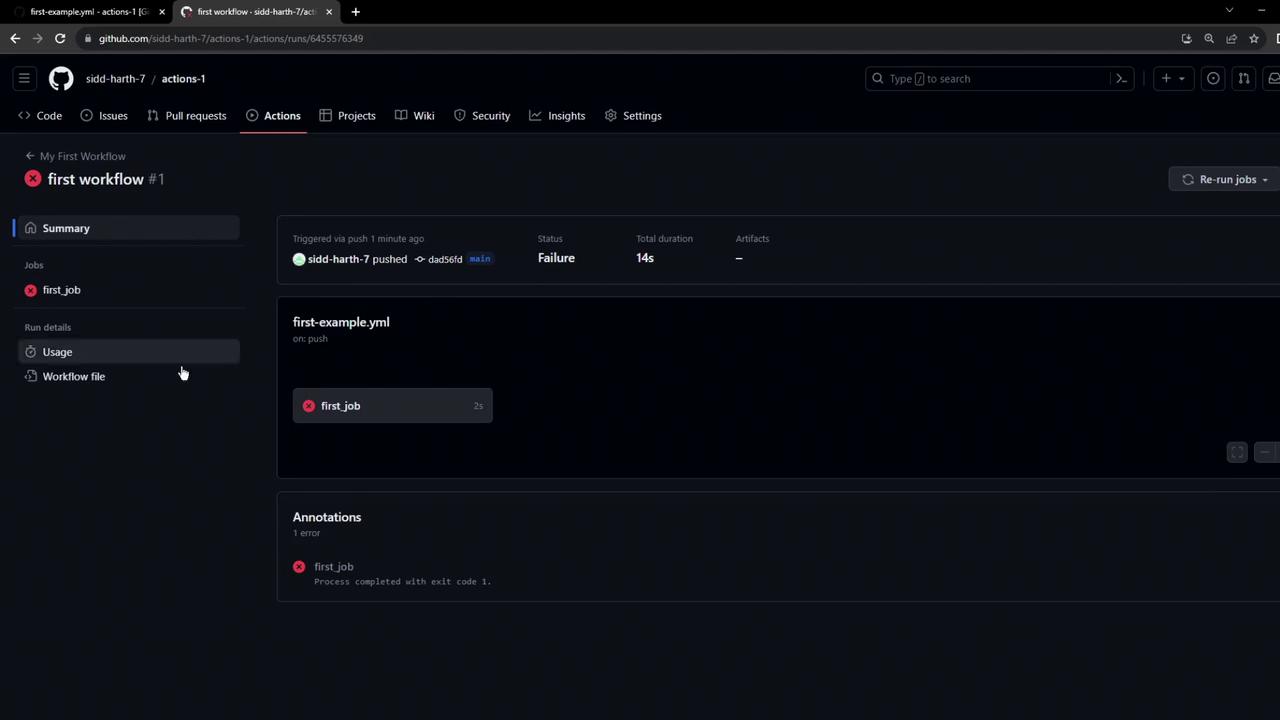 The image shows a GitHub Actions interface with a failed workflow run named "first workflow" and a job called "first_job" that completed with an error.