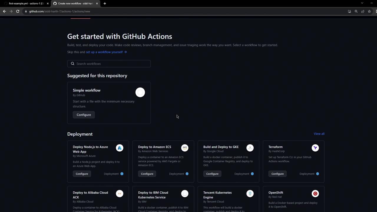 The image shows a GitHub Actions setup page with options for configuring workflows, including deployment to various cloud services like Azure, Amazon ECS, and Google Cloud.
