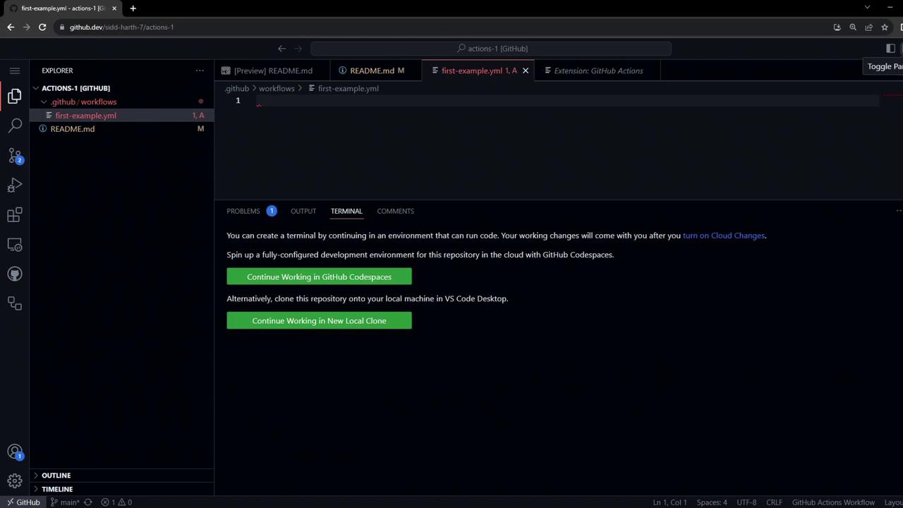 The image shows a GitHub.dev interface with a file explorer open, displaying a YAML file and a README file. There are options to continue working in GitHub Codespaces or clone the repository locally.