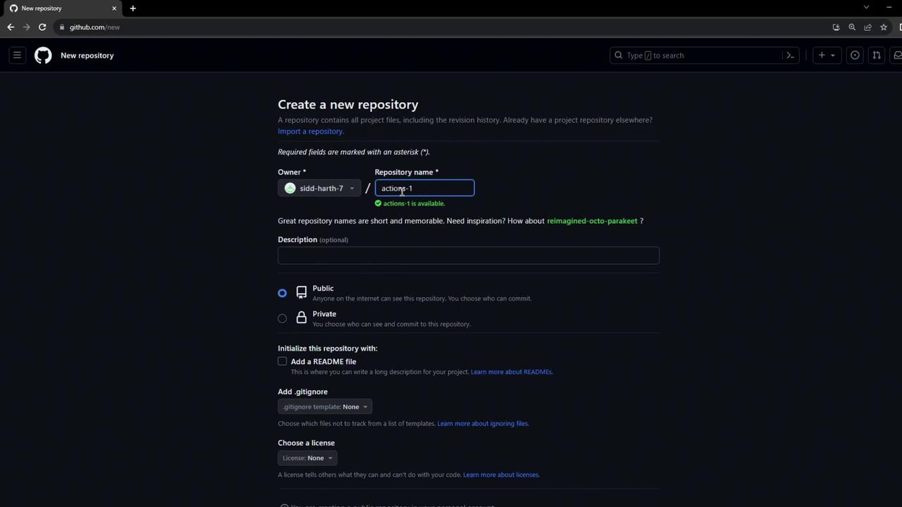 The image shows a GitHub page for creating a new repository, with fields for the repository name, description, visibility options, and initialization settings.