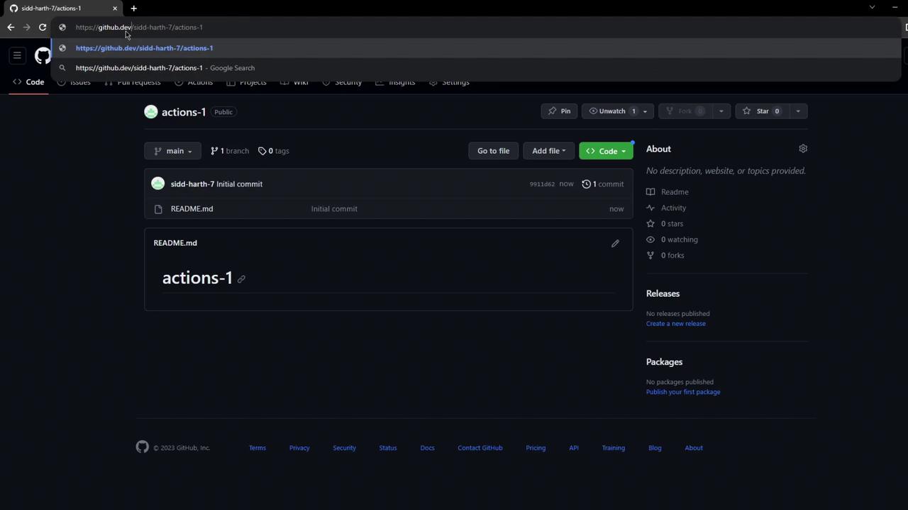 The image shows a GitHub repository page with the name "actions-1" and an initial commit. The repository is public and has no stars, forks, or releases.