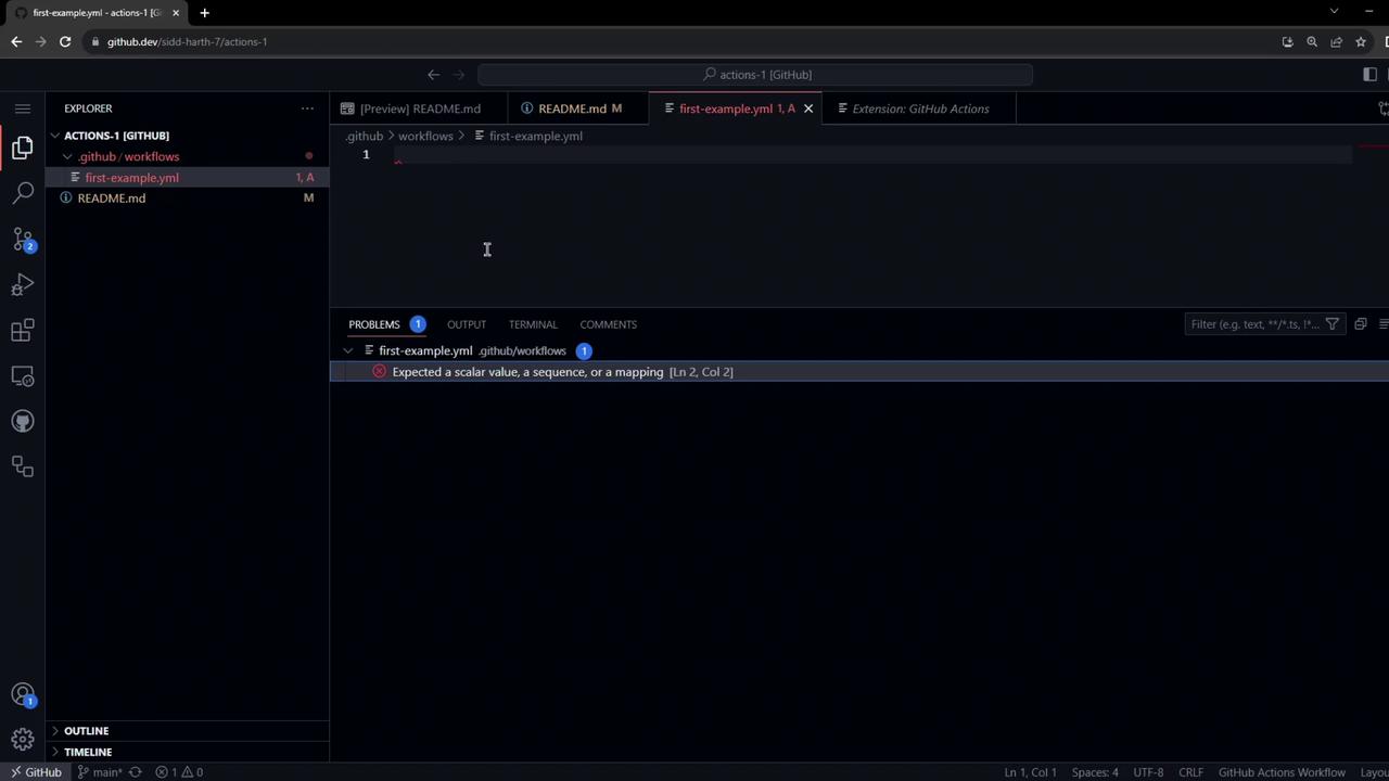 The image shows a Visual Studio Code interface with a YAML file open, displaying a problem message about an expected scalar value. The file is part of a GitHub repository, and the problem is highlighted in the "Problems" tab.