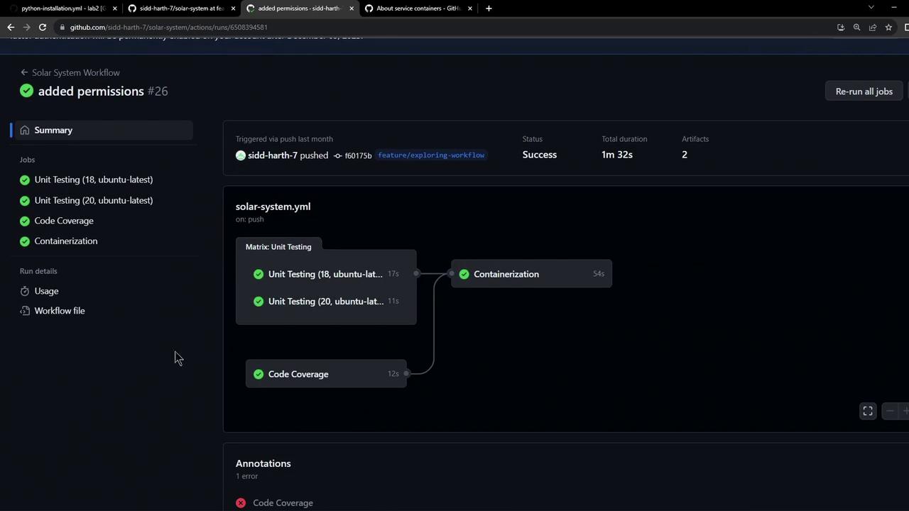 The image shows a GitHub Actions workflow summary for a project, displaying successful completion of unit testing, code coverage, and containerization jobs. The workflow is named "solar-system.yml" and includes details like job durations and annotations.