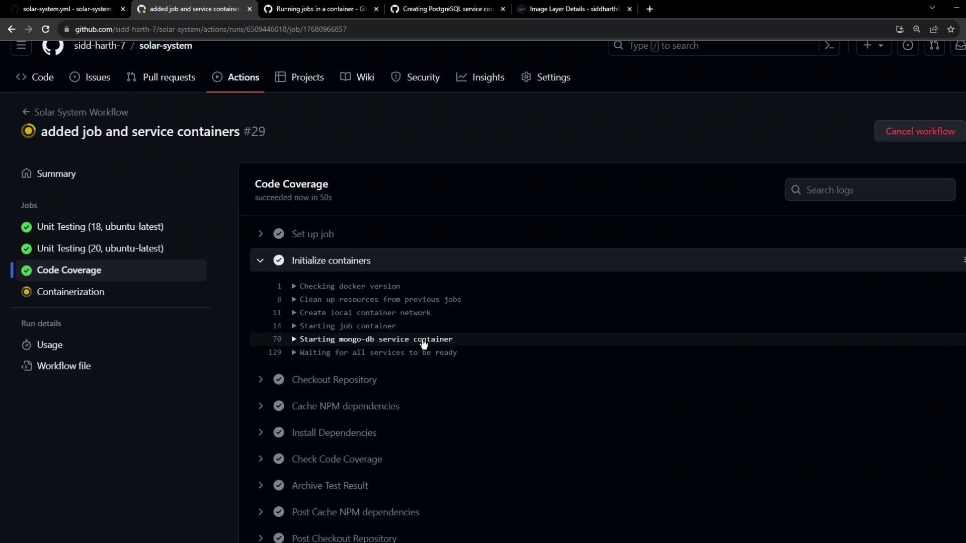 The image shows a GitHub Actions workflow interface with jobs for unit testing and code coverage, indicating successful completion of tasks like initializing containers and starting a MongoDB service container.
