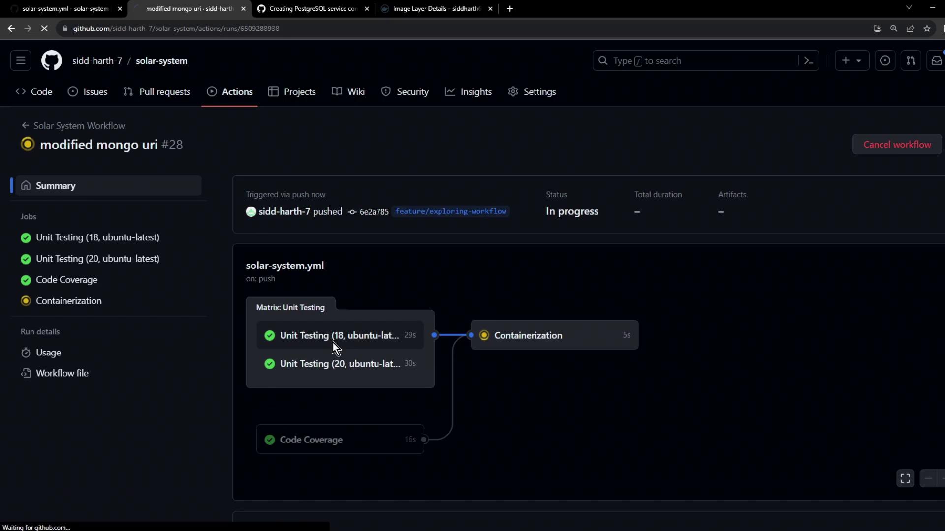 The image shows a GitHub Actions workflow interface with a "modified mongo uri" workflow in progress, displaying unit testing, code coverage, and containerization steps.