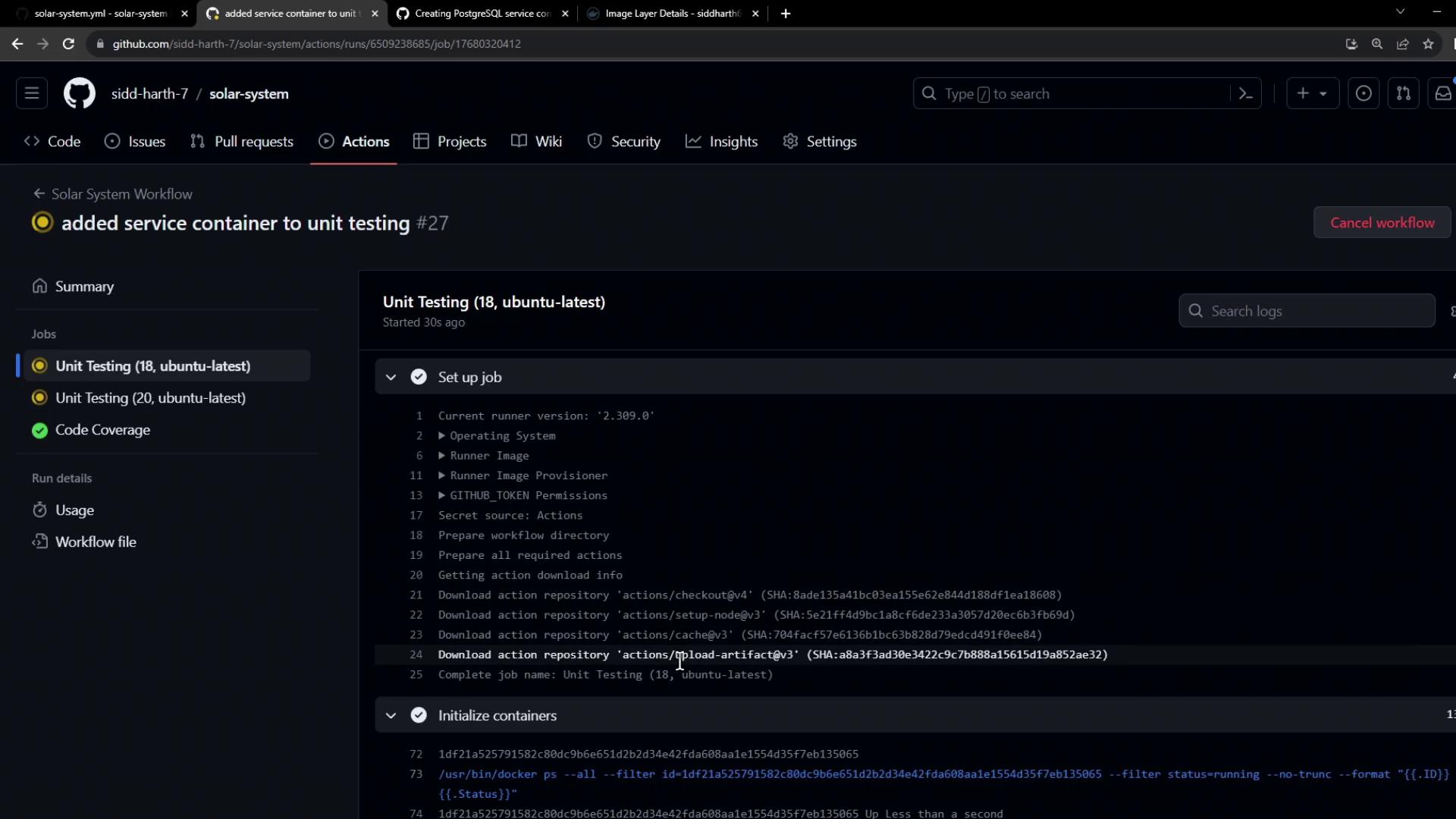 The image shows a GitHub Actions interface running a workflow for unit testing on Ubuntu, displaying job setup and log details.
