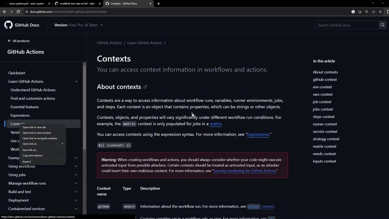 The image shows a GitHub Docs page about "Contexts" in GitHub Actions, explaining how to access context information in workflows and actions. The page includes a sidebar menu and a warning about security considerations when using contexts.